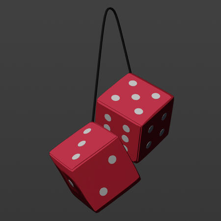 Feb. 2023 - A pair of Fuzzy Dice. Made for a Risk Of Rain 2 mod idea, which was never made.